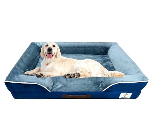JEKAZU Hundebett für große Hunde, orthopädisches Hundebett für mittelgroße und große Hunde, wasserdicht, Memory-Schaum-Hundebett mit abnehmbarem, waschbarem Bezug, rutschfeste Unterseite (groß, Blau von JEKAZU