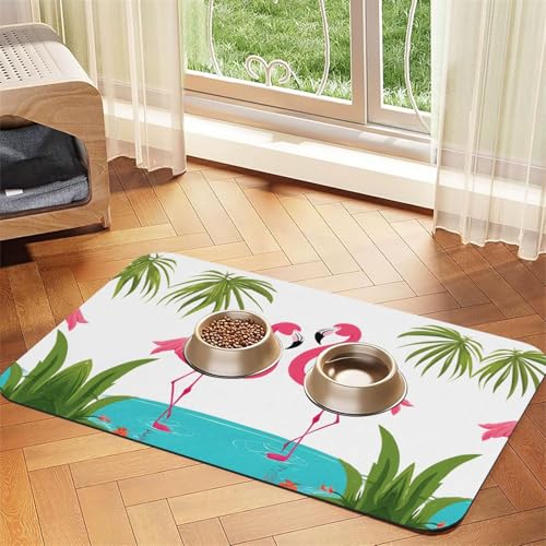 Palmblatt- und Flamingo-Paar-Druck, saugfähige Leder-Tischdecke, perfekt für Hunde, Katzen und andere Haustiere von JEKYDOSD