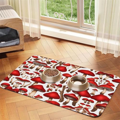 Saugfähige Leder-Tischdecke mit Pilzdruck, perfekt für Hunde, Katzen und andere Haustiere, Rot / Weiß von JEKYDOSD