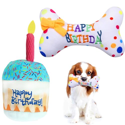 JEONDFG 2 Stück Hund Geburtstagstorte Spielzeug,Weiches Plüsch-Hundespielzeug Geburtstagstorte,Geburtstagstorte Hundespielzeug,Kuchen Spielzeug für Haustier(Kuchen und Knochen) von JEONDFG