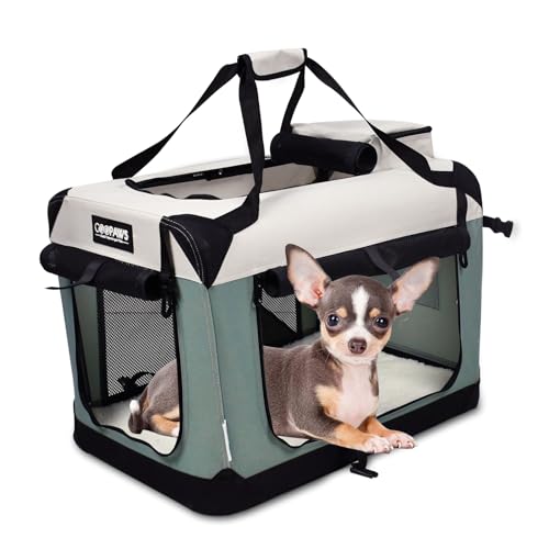 JESPET Weiche Hundebox für Haustiere, 3 Türen, weiche Seiten, faltbar, Reise-Tragetasche mit Gurten und Fleece-Matte für Hunde, Katzen, Kaninchen, Innen- und Außenbereich (5-lagig, grün, klein (L x B von JESPET