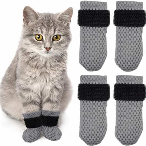 JEYORZY 4 Stück verstellbare Katzenschuhe aus Netzstoff, Atmungsaktiv Katzenpfotenschutz, Katzenstiefel zum Baden von Haustieren, Schneiden von Nägeln, Überprüfen-Grau-S von JEYORZY