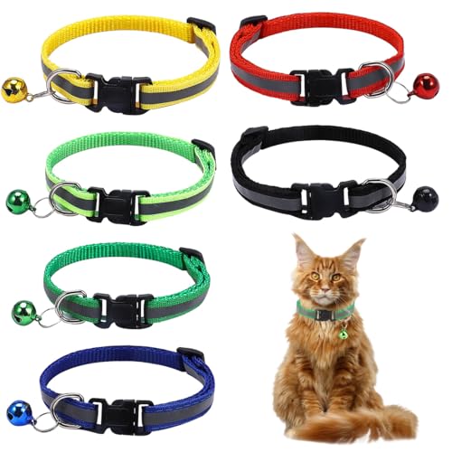 JEYORZY Katzenhalsband, 6 Stück Reflektierende Katzenhalsband mit Glocke Halsband Katze mit Sicherheitsverschluss Verstellbar Kitten Halsband Haustierzubehör, für Hauskatzen, Anti-Strangulation von JEYORZY