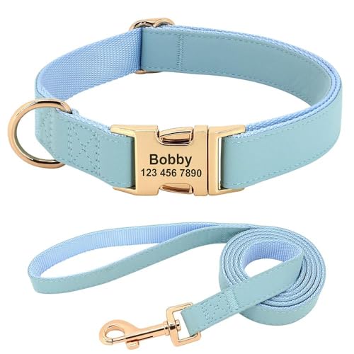 Hundehalsband aus Leder, mit Leine, personalisierbar, mit Gravur, verstellbares Haustierhalsband, Halskette, Labrador, Französische Bulldogge, Deutscher Schäferhund, Blau, L Hundehalsband aus Leder, mit Leine, personalisierbar, mit Gravur, verstellbares Haustierhalsband, Halskette, Labrador, Französische Bulldogge, Deutscher Schäferhund, Blau, L von JFERDX