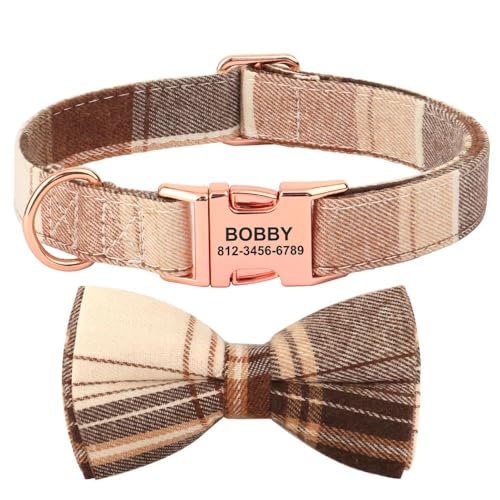 Hundehalsband mit Schleife, Nylon, kariert, individuelle Gravur, Namensschild, Halsband, Halskette, passend für Labrador, Chihuahua, Mops, Französische Bulldogge, Braun, Größe S Hundehalsband mit Schleife, Nylon, kariert, individuelle Gravur, Namensschild, Halsband, Halskette, passend für Labrador, Chihuahua, Mops, Französische Bulldogge, Braun, Größe S von JFERDX