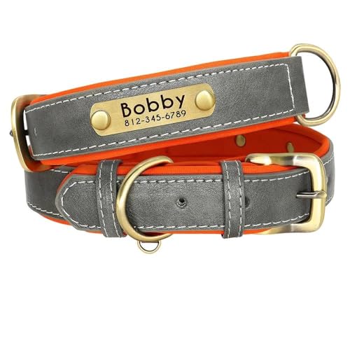 Personalisierbares, verstellbares Hundehalsband aus PU-Leder, mit Namensschild, gepolstert, mit Gravur, Haustiernamenhalsband für Chihuahua, Mops, Französische Bulldogge, Labrador, Grau, XS Personalisierbares, verstellbares Hundehalsband aus PU-Leder, mit Namensschild, gepolstert, mit Gravur, Haustiernamenhalsband für Chihuahua, Mops, Französische Bulldogge, Labrador, Grau, XS von JFERDX