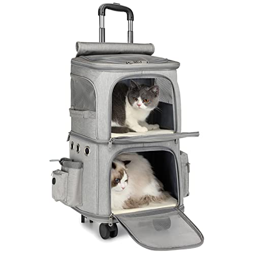 JHLP Welpen-Transporttasche mit 2 Fächern, weicher Reise-Trolley für kleine Hunde, Katzen und Kaninchen, mit Teleskopgriff und Rädern, ideal für Autofahrten von JHLP