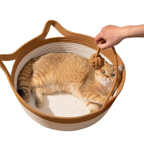 JIALI7SEC Handgewebtes Katzenbett aus Baumwollseil, atmungsaktiv und leicht zu reinigen, faltbar, kratzbare Hängematte mit Katzenohren-Design, mit Spielball für Kätzchen, Braun JIALI7SEC Handgewebtes Katzenbett aus Baumwollseil, atmungsaktiv und leicht zu reinigen, faltbar, kratzbare Hängematte mit Katzenohren-Design, mit Spielball für Kätzchen, Braun von JIALI7SEC