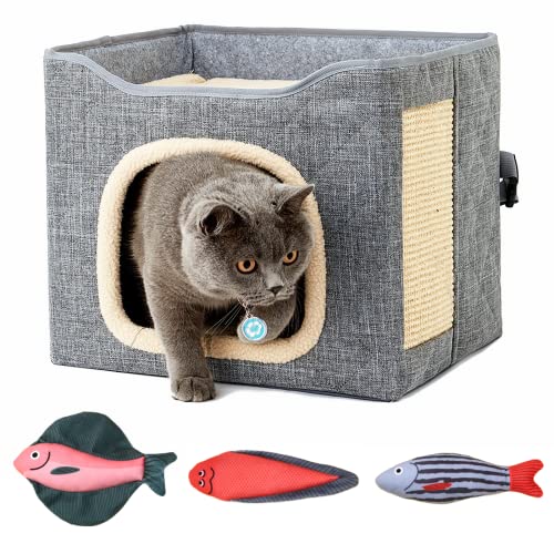 Faltbares Katzenhaus mit Bett und Spielzeug – perfekt für Indoor-Katzenbett (groß, grau) von JIALOE
