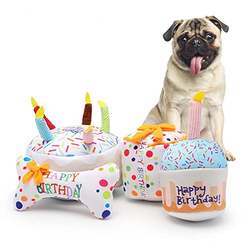JIANJU 4-teiliges Hundespielzeug-Set – Feiern Sie den Geburtstag Ihres Hundes – Plüschknochen, Kuchen, Pudding, Ballspielzeug, Hundegeschenke, Hundegeburtstagsleckereien, Hundegeburtstagstorte von JIANJU