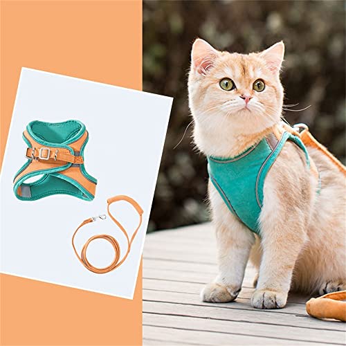 Katzengeschirr, Katzengeschirr und Leine, verstellbares Katzengeschirr ausbruchsicher, atmungsaktiv, reflektierend, Katzengeschirr mit Streifen für Katzen/Welpen (L, orange-grün) von JIANJU