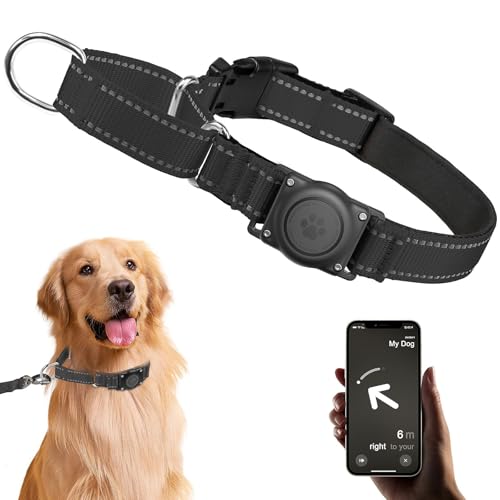 JIARUI Reflektierend Halsband Hund, Martingale Hundehalsband, Airtag Hundehalsband mit Air Tag Halter, Komfortabel Gepolstert Halsband für Kleine Mittel Große Hunde (Schwarz, L) von JIARUI