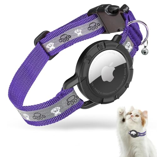 AirTag Katzenhalsband, Reflektierend Air Tag Katzenhalsband, GPS Katzenhalsband mit Verstellbares und Glocke, Integriertes Apple Air Tag Katzen Halsband, Geeignet Für Katzen Welpen[Lila][S] von JIARUI