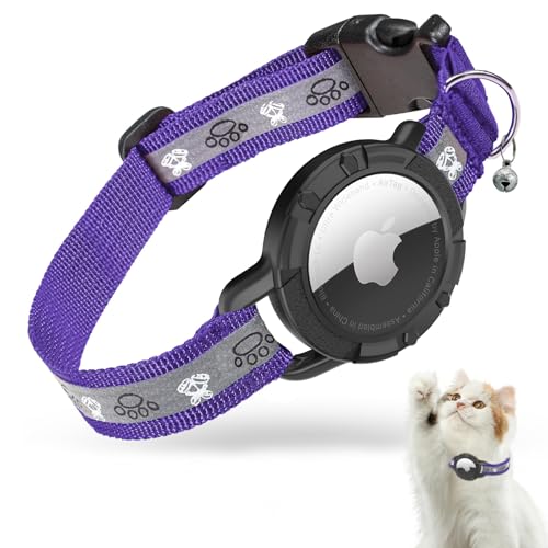 Reflektierendes Airtag Katzenhalsband, JIARUI Integriertes Apple Airtag Katzenhalsband, GPS Katzen-Tracker-Halsband mit Airtag-Halter und Glocke, leichtes Katzen-Tracker-Halsband für Kätzchen und Welpen [lila] [XS] von JIARUI