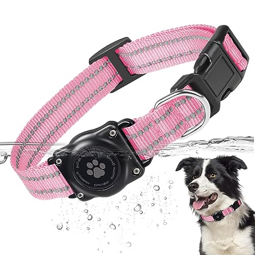 Airtag Hundehalsband, 100% Wasserdichtes Integriertes Apple AirTag Hundehalsband, Reflektierendes GPS Hundehalsband mit Hartem PC AirTag Halterungsgehäuse für Kleine, Mittlere und Große Hunde (Rosa) von JIARUI