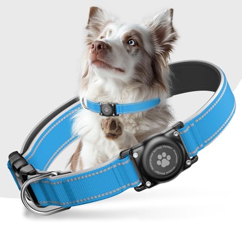 Airtag Hundehalsband - 100% Wasserdicht Air Tag Hundehalsbandhalter für Apple AirTag, reflektierend, weich gepolstert, ewig, GPS-Hundehalsband für mittelgroße große Hunde (Blau, M) von JIARUI