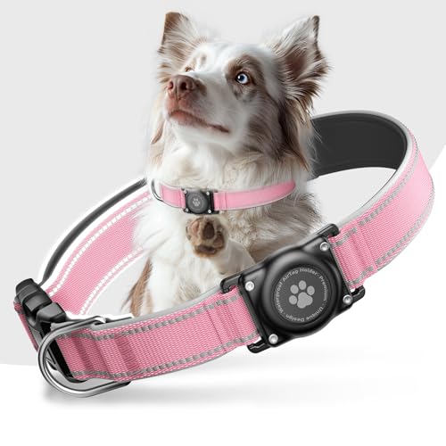 Airtag Hundehalsband - 100% Wasserdicht Air Tag Hundehalsbandhalter für Apple AirTag, reflektierend, weich gepolstert, ewig, GPS-Hundehalsband für mittelgroße große Hunde (Rosa, M) von JIARUI