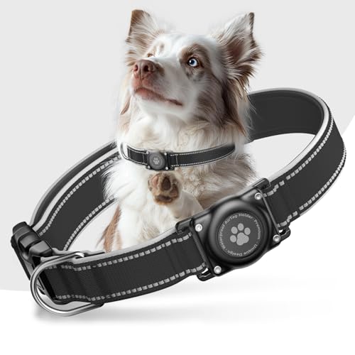 Airtag Hundehalsband - 100% Wasserdicht Air Tag Hundehalsbandhalter für Apple AirTag, reflektierend, weich gepolstert, ewig, GPS-Hundehalsband für mittelgroße große Hunde (Schwarz, M) von JIARUI