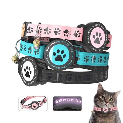Airtag Katzenhalsband, Breakaway, reflektierendes Kätzchenhalsband mit Apple Air-Tag-Halter, bequeme Polsterung, verstellbar, langlebig, Einheitsgröße für Mädchen, Jungen, Katzen (Rosa) von JIARUI