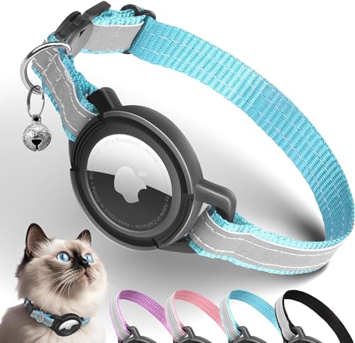 Airtag Katzenhalsband Breakaway, Reflektierend GPS Katzenhalsbänder mit Airtag Halter, Apple Air Tag Katzen Halsband Sicherheitsverschluss, Verstellbar für Kätzchen Klein Hund (Blau) von JIARUI