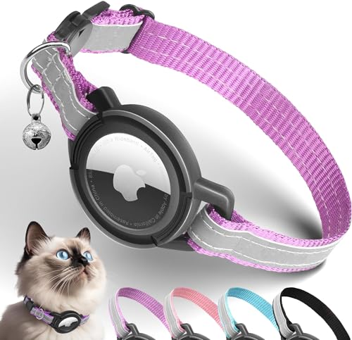 Airtag Katzenhalsband, Reflektierend GPS Katzenhalsbänder mit Apple Airtag Halter, Air Tag Katzen Sicherheit-Halsband, Verstellbar Leichte Tracker-halsbänder für Katzen, Kätzchen, Klein Hund (Lila) von JIARUI