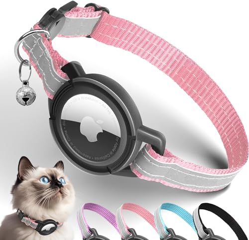 Airtag Katzenhalsband Breakaway, Reflektierend GPS Katzenhalsbänder mit Airtag Halter, Apple Air Tag Katzen Halsband Sicherheitsverschluss, Verstellbar für Kätzchen Klein Hund (Rosa) von JIARUI