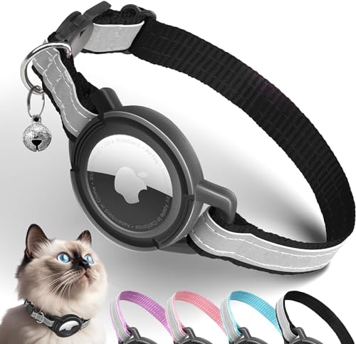 Airtag Katzenhalsband, Reflektierend GPS Katzenhalsbänder mit Apple Airtag Halter, Air Tag Katzen Sicherheit-Halsband, Verstellbar Leichte Tracker-halsbänder für Katzen, Kätzchen, Klein Hund (Schwarz) von JIARUI