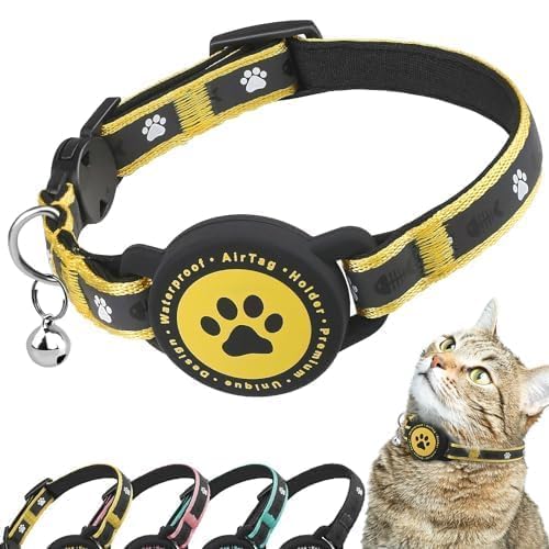 Airtag Katzenhalsband Breakaway, Reflektierendes Kätzchenhalsband mit Airtag-Halterung und Glocke, Bequeme Polsterung, Verstellbar, Langlebig, Passend für Katzen (Gelb,S) von JIARUI