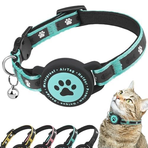 Airtag Katzenhalsband Breakaway, Reflektierendes Kätzchenhalsband mit Airtag-Halterung und Glocke, Bequeme Polsterung, Verstellbar, Langlebig, Passend für Katzen(Grün,S) von JIARUI