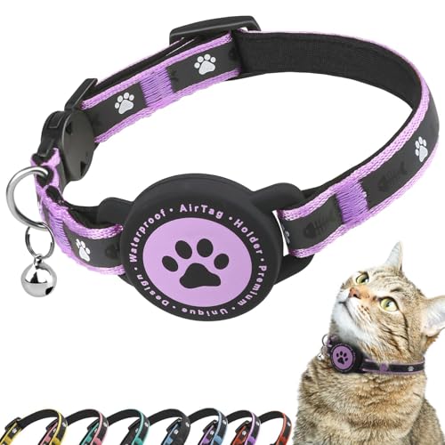 Airtag Katzenhalsband Breakaway, Reflektierendes Kätzchenhalsband mit Airtag-Halterung und Glocke, Bequeme Polsterung, Verstellbar, Langlebig, Passend für Katzen(Lila,S) von JIARUI