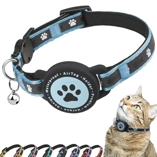 Airtag Katzenhalsband Breakaway, Reflektierendes Kätzchenhalsband mit Airtag-Halterung und Glocke, Bequeme Polsterung, Verstellbar, Langlebig, Passend für Katzen (Blau,S) von JIARUI