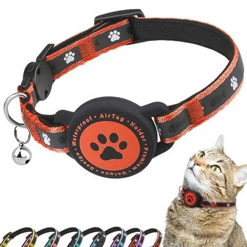 Airtag Katzenhalsband Breakaway, Reflektierendes Kätzchenhalsband mit Airtag-Halterung und Glocke, Bequeme Polsterung, Verstellbar, Langlebig, Passend für Katzen (Orange,S) von JIARUI