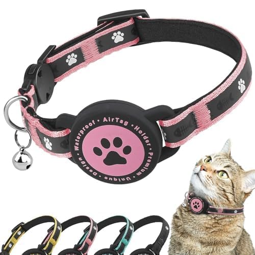 Airtag Katzenhalsband Breakaway, Reflektierendes Kätzchenhalsband mit Airtag-Halterung und Glocke, Bequeme Polsterung, Verstellbar, Langlebig, Passend für Katzen (Rose,S) von JIARUI