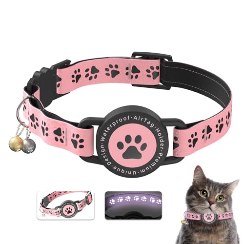 Airtag Katzenhalsband Breakaway, Reflektierendes Kätzchenhalsband mit Apple Air Tag Halterung, Bequeme Polsterung, Verstellbar, Langlebig, Einheitsgröße für Mädchen Junge Katzen (Rosa) von JIARUI