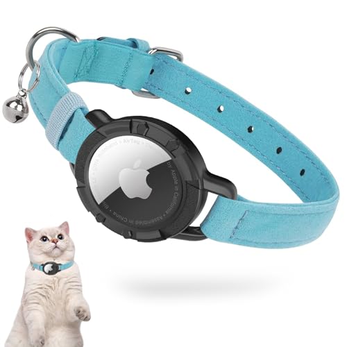 Airtag Katzenhalsband Samt, Integriertes Apple Air Tag Katzen Halsbänder, GPS, mit Airtag Halterung & Glocke Leichtes Tracker, Mädchen/Jungen [Blau,XS] von JIARUI