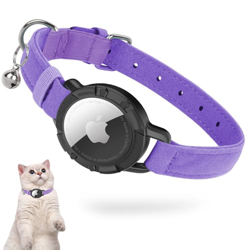 Airtag Katzenhalsband Samt, Integriertes Apple Air Tag Katzen Halsbänder, GPS, mit Airtag Halterung & Glocke Leichtes Tracker, Mädchen/Jungen [Lila,S] von JIARUI