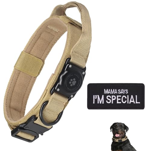Taktisches AirTag Hundehalsband, 100% Wasserdicht Integriertes Apple Air Tag Hundehalsband mit AirTag Halter, Verstellbares Militärhalsband mit Griff, Dickes & Breites GPS Hundehalsband (Khaki L) von JIARUI