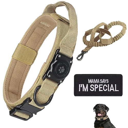 Taktisches AirTag Hundehalsband, 100% Wasserdicht Integriertes Apple Air Tag Hunde Halsband mit AirTag Halter, GPS Hunde Halsbänder Leine Satz, Verstellbares Militärhalsband mit Griff (Khaki M) von JIARUI