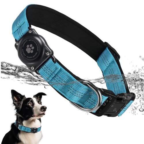 Upgraded AirTag Hundehalsband, IP68 Wasserdicht AirTag Hundehalsband Halter, Reflektierend, Ultra-Durable, Komfortabel Gepolstert, Heavy Duty Hundehalsbänder für Kleine Mittlere Große Hunde[Blau,L] von JIARUI