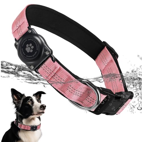 Upgraded AirTag Hundehalsband, IP68 Wasserdicht AirTag Hundehalsband Halter, Reflektierend, Ultra-Durable, Komfortabel Gepolstert, Heavy Duty Hundehalsbänder für Kleine Mittlere Große Hunde[Rosa,L] von JIARUI