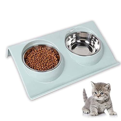 Doppelte Katzennäpfe,Katzennäpf,Katzen Napfset Edelstahl rutschfest,15 ° Neigung Doppelter Futternapf Katzen,Haustier Fütterungsschalen,für Haustier Katze und Kleine oder Mittelgroße Hund (Grün) von JIASHA