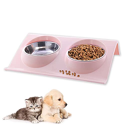 Doppelte Katzennäpfe,Katzennäpf,Katzen Napfset Edelstahl rutschfest,15 ° Neigung Doppelter Futternapf Katzen,Haustier Fütterungsschalen,für Haustier Katze und Kleine oder Mittelgroße Hund (Rosa) von JIASHA