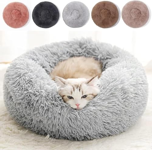 JIAWEILI Katzenbett für drinnen und draußen, waschbar, 50,8 cm, für kleine mittelgroße Hunde, Anti-Angst, rund, flauschig, Plüsch, Kunstpelz, Haustierbett, dicke Unterseite (hellgrau, mittel) von JIAWEILI