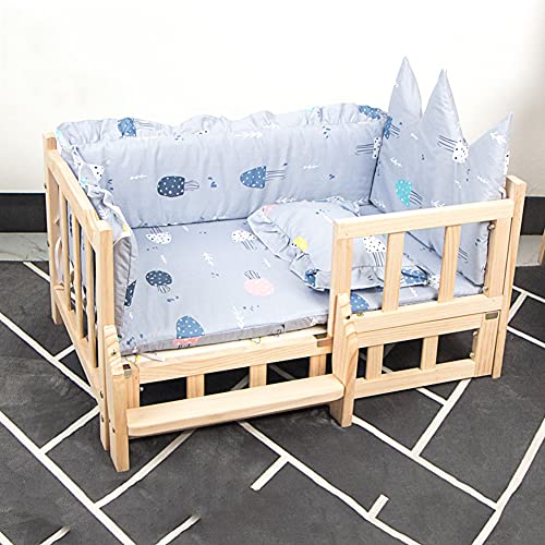 JIAYING Hundebetten Komfort-Zwinger Rutschfestes Hundebett Aus Massivholz Hundebett Erhöhtes, Mit Guardrail Und Treppen, Mehreren Farben Und Größenoptionen(Size:L（90×55×42CM）,Color:Blau) von JIAYING