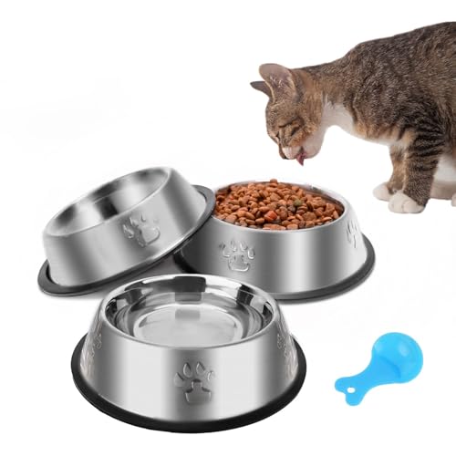 Katzennapf 3 Stück, Futternapf Katze Katzennäpfe Edelstahl rutschfest Katzen Napf Set, Haustier Fressnapf Futterschüssel Wasser Fütterung Schüssel für Katze Kleine Hunde Tiere (M-350ml) von JIEYAN
