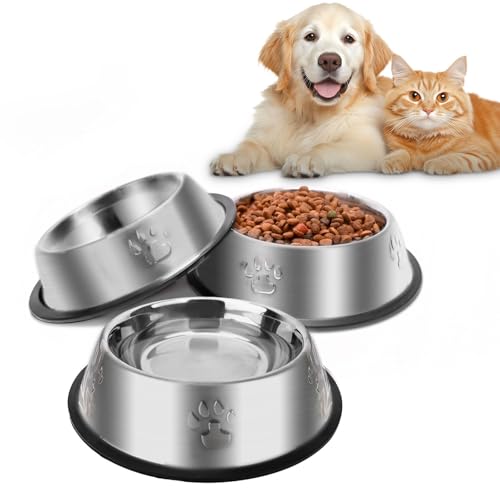 Katzennapf 3 Stück, Futternapf Katze Katzennäpfe Edelstahl rutschfest Katzen Napf Set, Haustier Fressnapf Futterschüssel Wasser Fütterung Schüssel für Katze Kleine Hunde Tiere (M-580ml) von JIEYAN