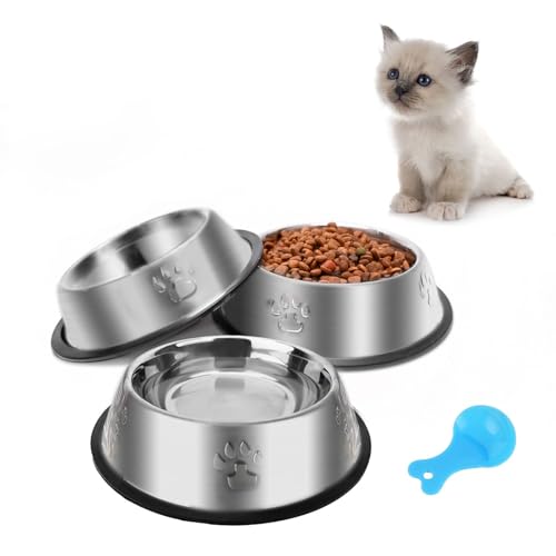 Katzennapf 3 Stück, Futternapf Katze Katzennäpfe Edelstahl rutschfest Katzen Napf Set, Haustier Fressnapf Futterschüssel Wasser Fütterung Schüssel für Katze Kleine Hunde Tiere (S-195ml) von JIEYAN