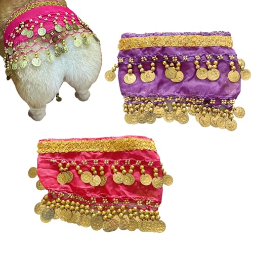2 Stück Bauchtänzerin Rock für Haustiere, Bauchtanz-Hüftschal, Hunde-Taillenkette, Hüftvorhang, Welpe, Hüftschüttel-Kostüm, Kleidung mit Pailletten, für Cosplay, Halloween, Feier, Hot Pink, Lila, 2 von JIHUOO