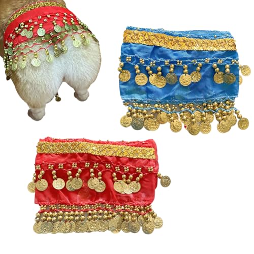JIHUOO 2 Stück Bauchtänzerin Rock für Haustiere, Bauchtanz, Hüftschal, Hunde-Taillenkette, Hüftvorhang, Welpe, Hüftschüttel-Kostüm, Kleidung mit Pailletten, für Cosplay, Halloween, Feier, Rot / Blau von JIHUOO