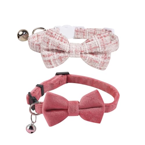 Katzenhalsband, Samtschleife, Kätzchenhalsband, kariert, verstellbar, mit Glöckchen, Rosa, 2 Stück von JIHUOO